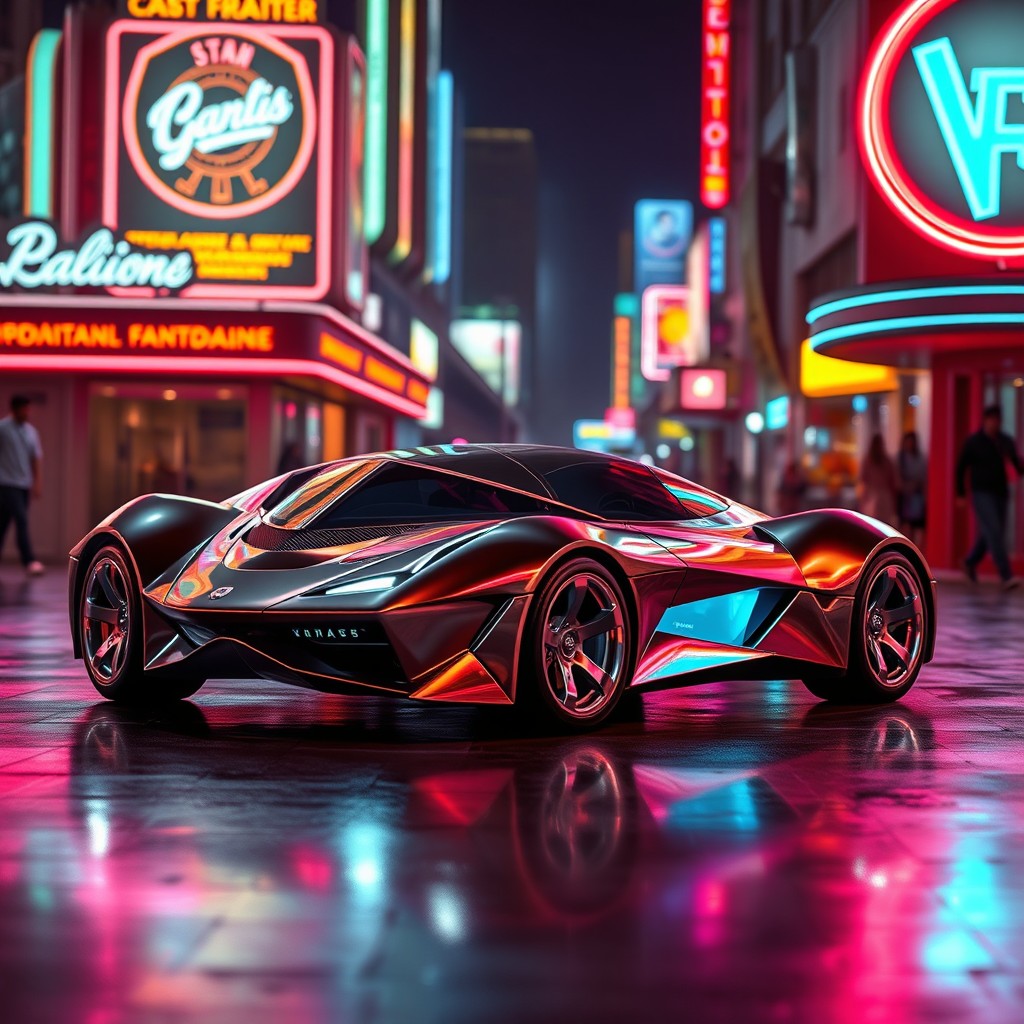 A stunning concept car from the 1980s, featuring a sleek, aerodynamic design with sharp angles and vibrant color schemes typical of the era