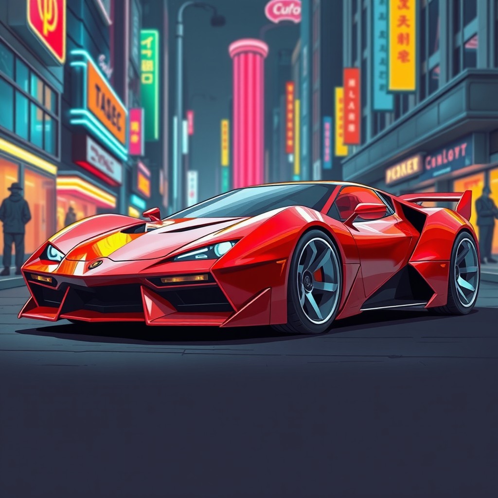 A detailed illustration of a concept car inspired by the 1980s, featuring an edgy and aerodynamic design with sharp lines and bold curves