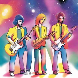 A drawing of 4 musicians: a drummer, a bassist, a guitarist and a singer in a universe of colors