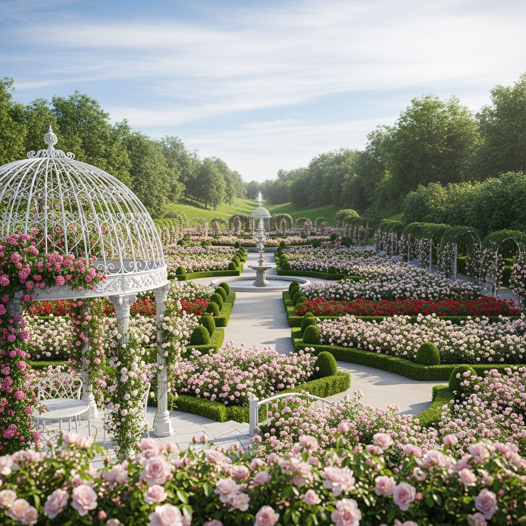 A hyper-realistic cinematic garden scene inspired by classical European botanical gardens, featuring an elegant white wrought-iron gazebo covered in blooming roses