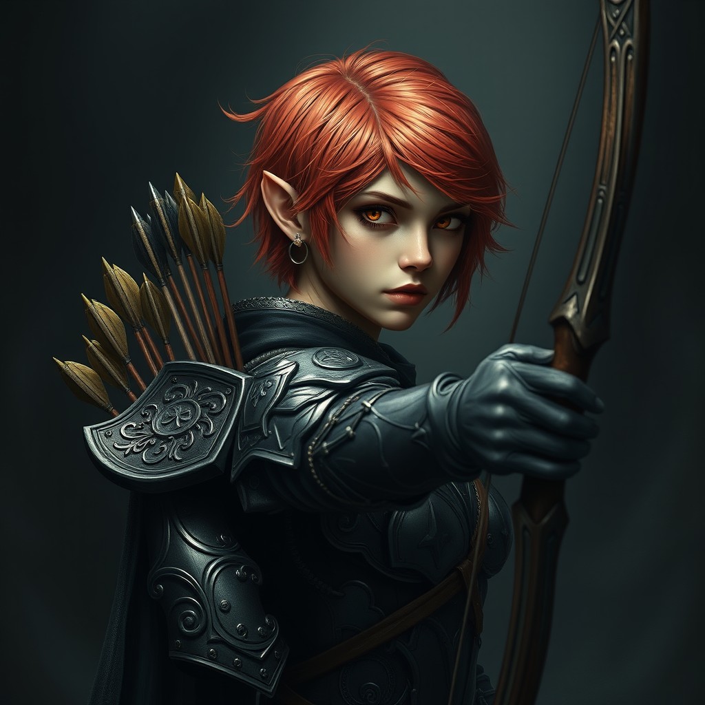 A captivating dark fantasy portrait of a halfling female with Milano skin and vibrant short red hair