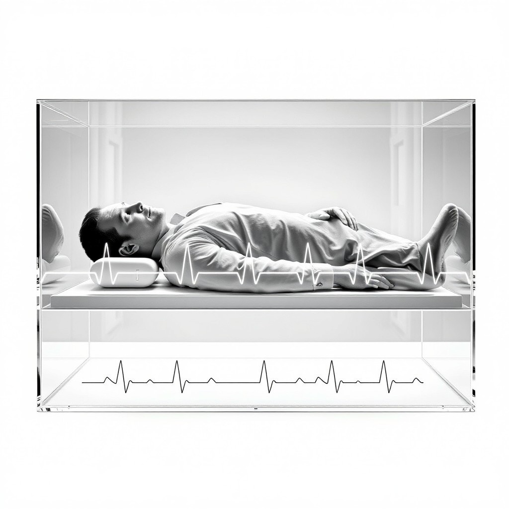 A transparent glass box containing an imaginary man lying in a horizontal straight position, portrayed in a medical black and white style