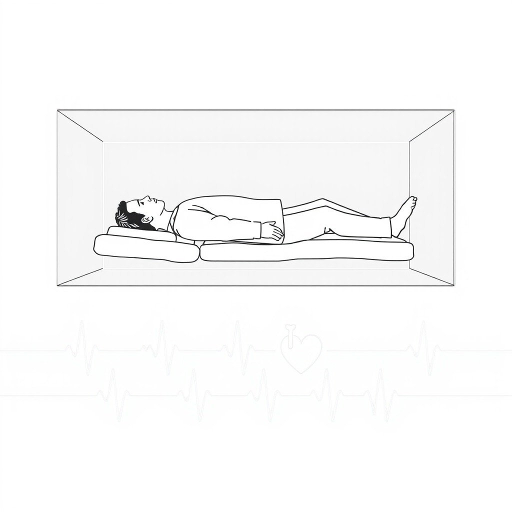 A transparent glass box containing an imaginary man lying in a horizontal straight position, rendered in a black and white medical illustration style