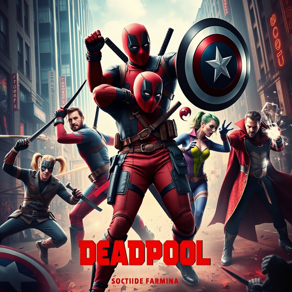 A dynamic movie thumbnail featuring a crossover of Deadpool, Captain America from Civil War, members of the Suicide Squad, and Doctor Strange
