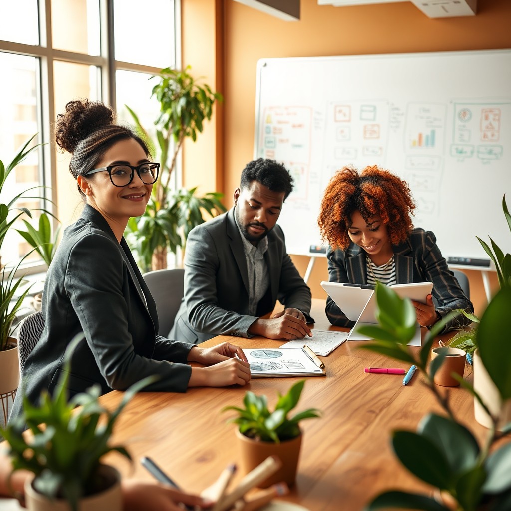An inspiring career assignment scene featuring a diverse group of professionals collaboratively brainstorming around a large conference table