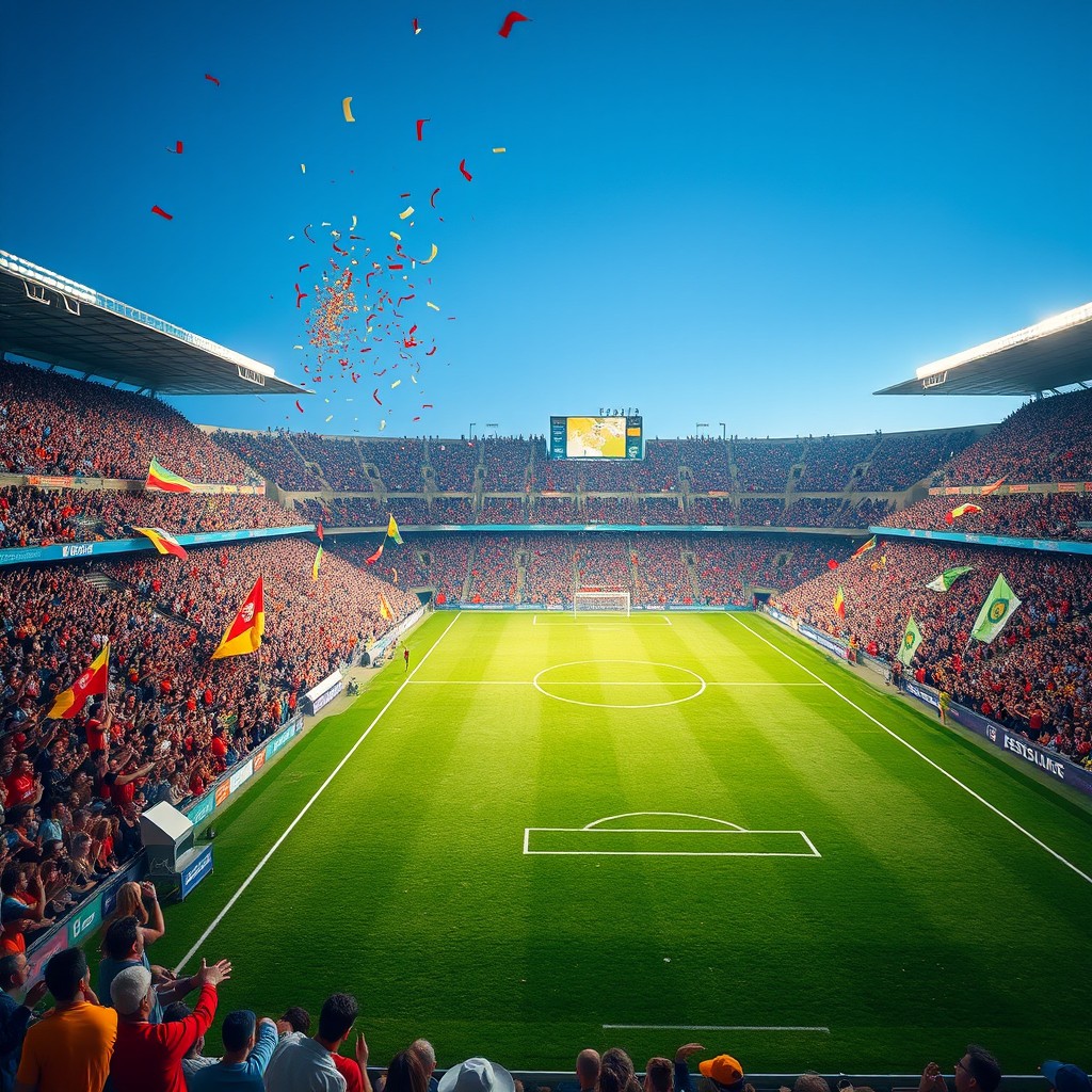 A vibrant football stadium filled with enthusiastic fans cheering passionately