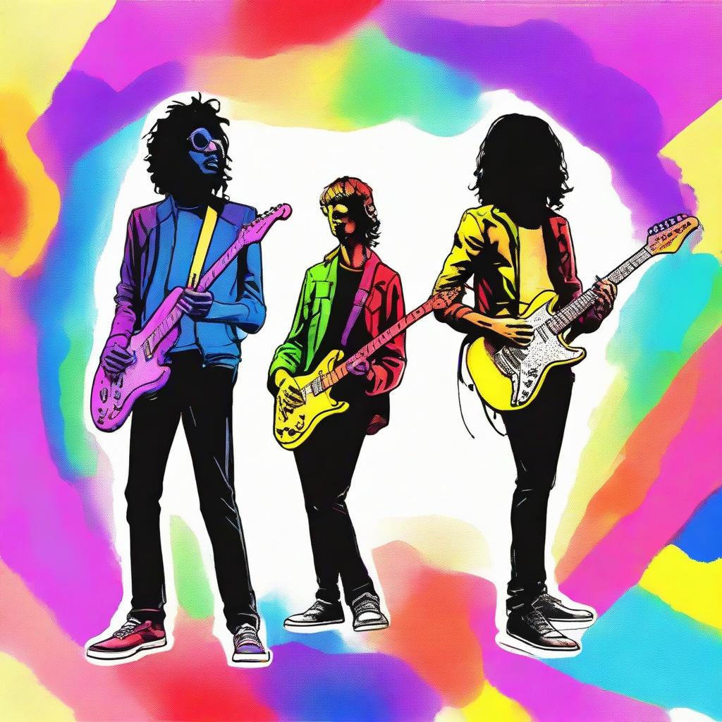 A drawing of a rockband of 4 in a universe of colors