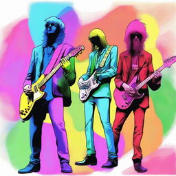 A drawing of a rockband of 4 in a universe of colors