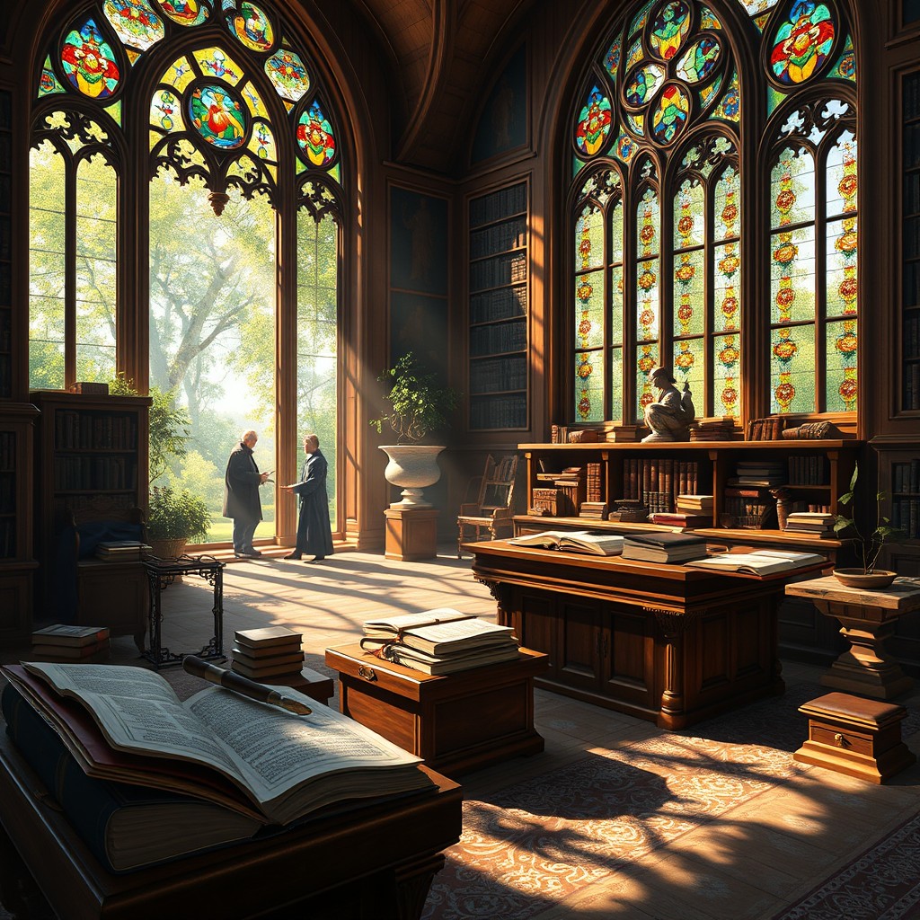 A beautiful and serene landscape depicting a classic theological study setting