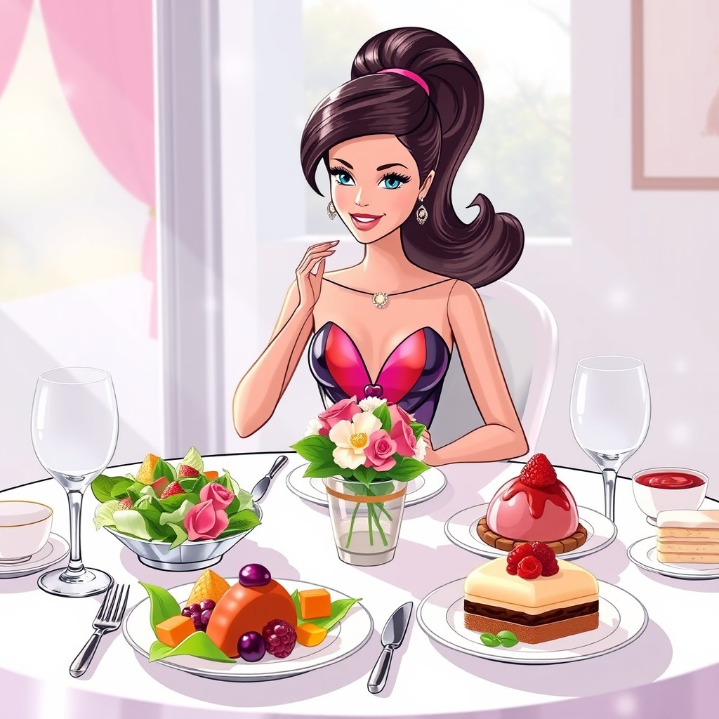 An illustration of a stylish Barbie doll elegantly seated at a beautifully set dining table, enjoying a delicious meal