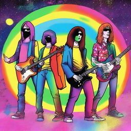 A drawing of a rockband of 4 in a universe of colors