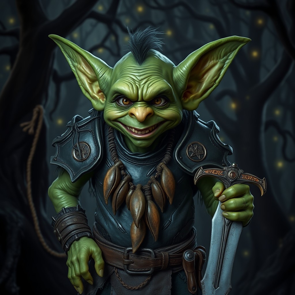 A mischievous goblin dressed in dented pans as armor, showcasing a playful yet rugged demeanor