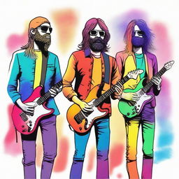 A drawing of a rockband of 4 in a universe of colors