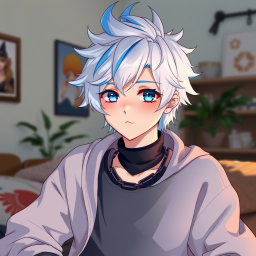 An anime boy with striking white and blue hair styled in a trendy way, and captivating blue eyes