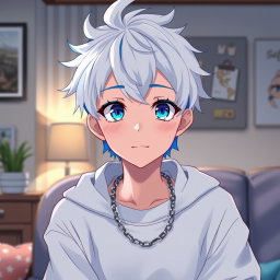 An anime boy with striking white and blue hair styled in a trendy way, and captivating blue eyes