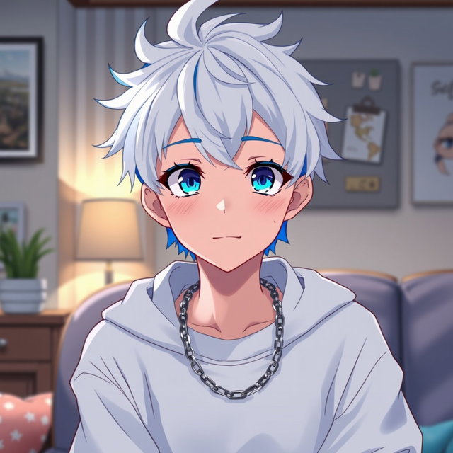 An anime boy with striking white and blue hair styled in a trendy way, and captivating blue eyes
