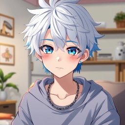 An anime boy with striking white and blue hair styled in a trendy way, and captivating blue eyes