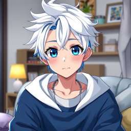An anime boy with striking white and blue hair styled in a trendy way, and captivating blue eyes