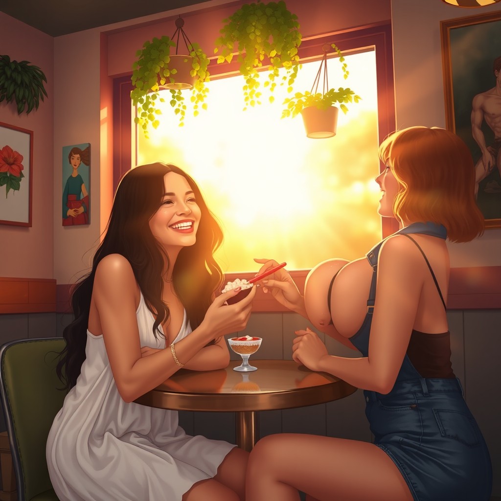 A vibrant and intimate scene depicting two women in a cozy café, enjoying each other's company