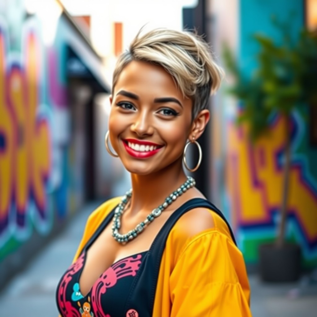 A beautiful and confident young woman with short, stylish hair, wearing a vibrant, colorful outfit