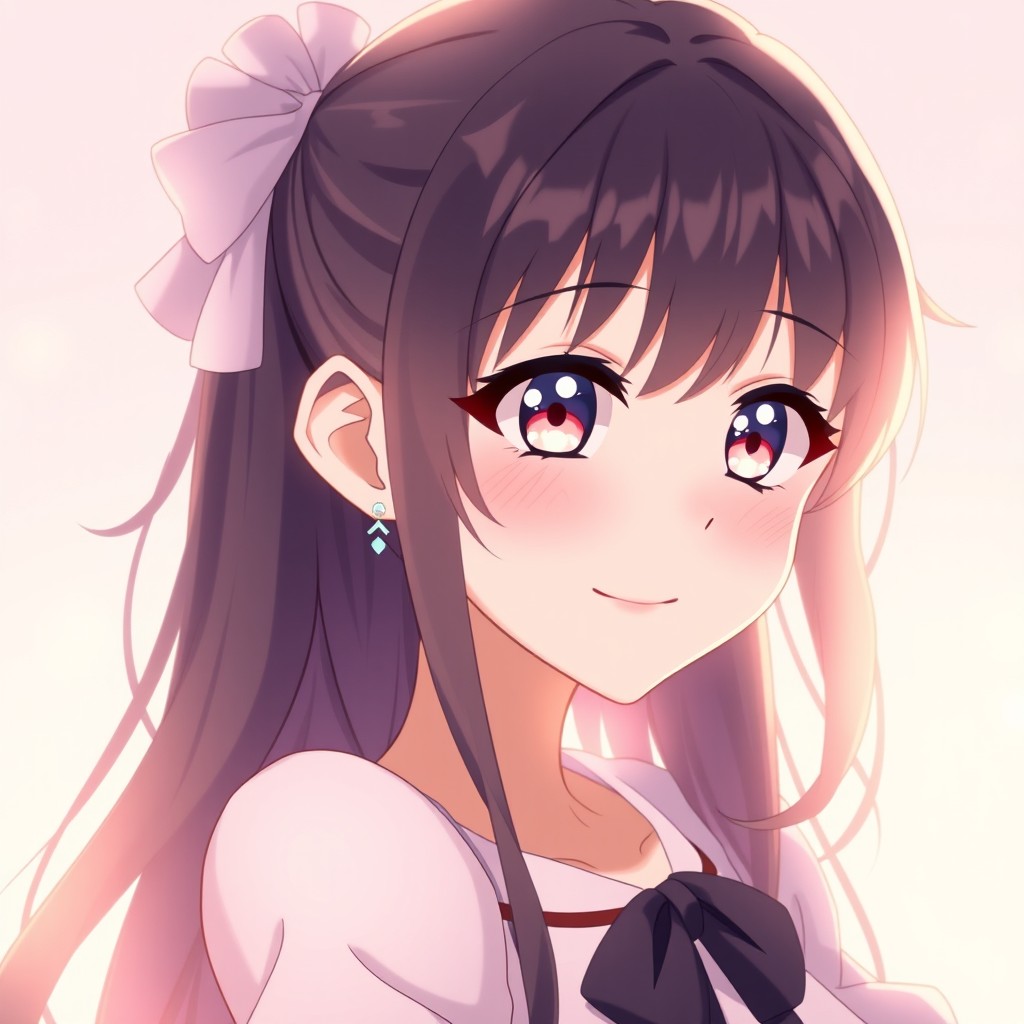 An anime girl with an adult appearance, featuring a gentle smile, soft lighting that creates a warm atmosphere, set against a pastel colored background