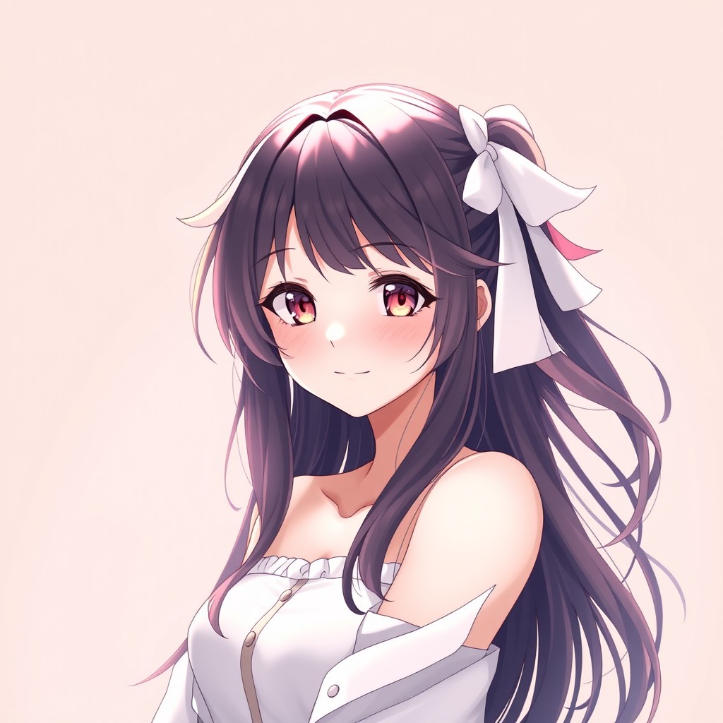An adult anime girl with a gentle smile, positioned against a pastel-colored background