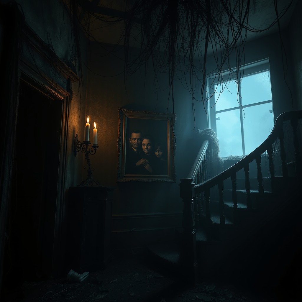 A chilling scene set in an abandoned, decrepit house, filled with eerie shadows and unsettling silence