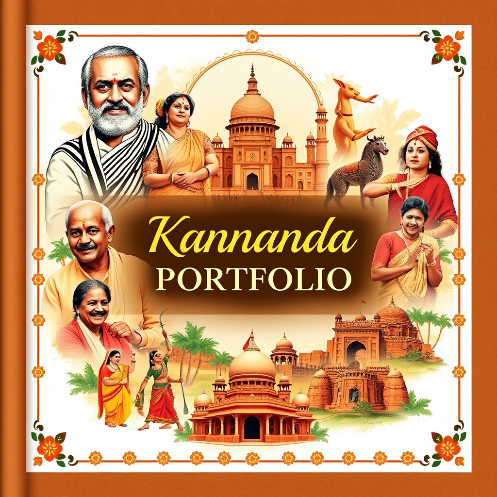 A beautifully designed cover page for a Kannada portfolio, featuring a collage of iconic Kannada-related people, places, and symbols