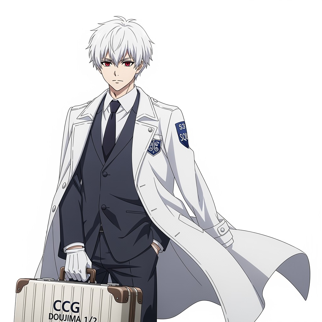 A male anime original character inspired by Tokyo Ghoul, featuring striking pure white hair styled neatly, and captivating crimson eyes with distinct black pupils