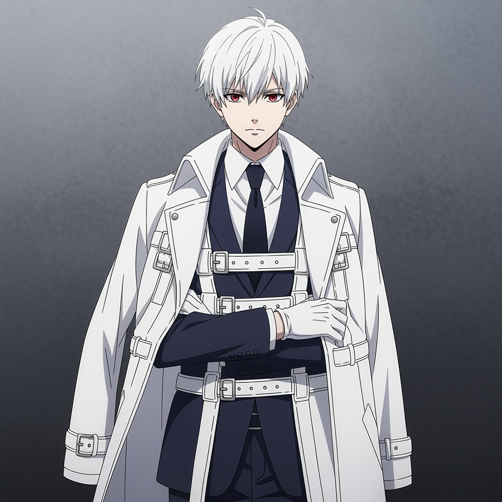 A male anime original character inspired by Tokyo Ghoul, depicted as a tall young man in his 20s, featuring striking pure white hair styled elegantly and captivating crimson eyes with distinct black pupils