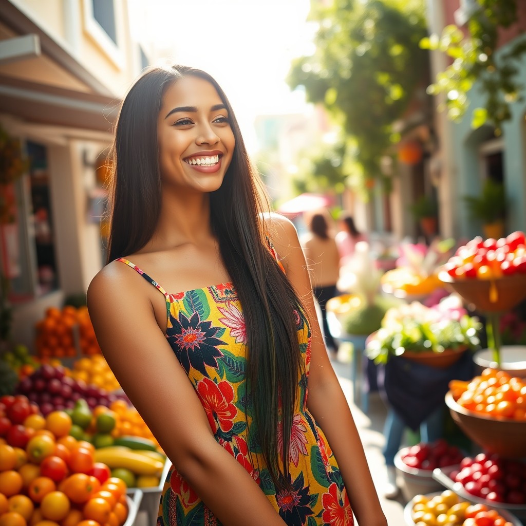 A beautiful young Hispanic woman, with long dark hair and warm brown skin, wearing a vibrant colorful dress