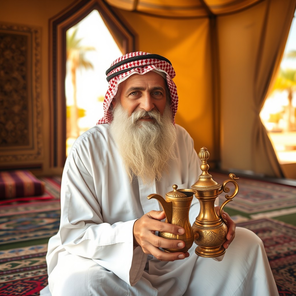 A wise Arab elder man with a long white beard, sitting on a patterned rug in a traditional Arabian tent