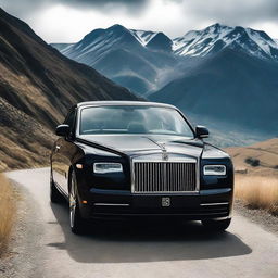 A teenage boy, around 16 years old, and a beautiful girl sitting together inside a luxurious black Rolls-Royce on a mountain road, as viewed from outside