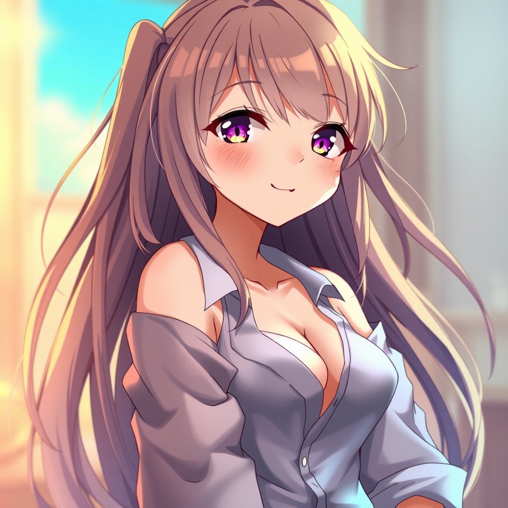 A captivating anime girl with long, flowing hair, wearing an unbuttoned shirt that slightly falls off one shoulder, subtly revealing her upper body but maintaining a tasteful and artistic style