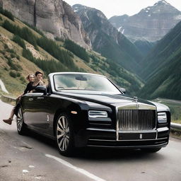 A teenage boy, around 16 years old, and a beautiful girl sitting together inside a luxurious black Rolls-Royce on a mountain road, as viewed from outside