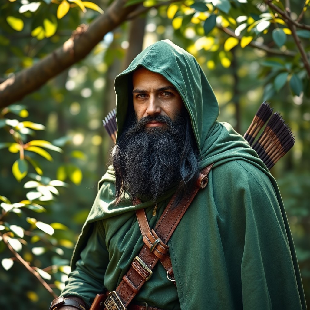 A rugged human hunter, 28 years old, standing at 5 feet 7 inches tall, featuring a full beard and long black hair