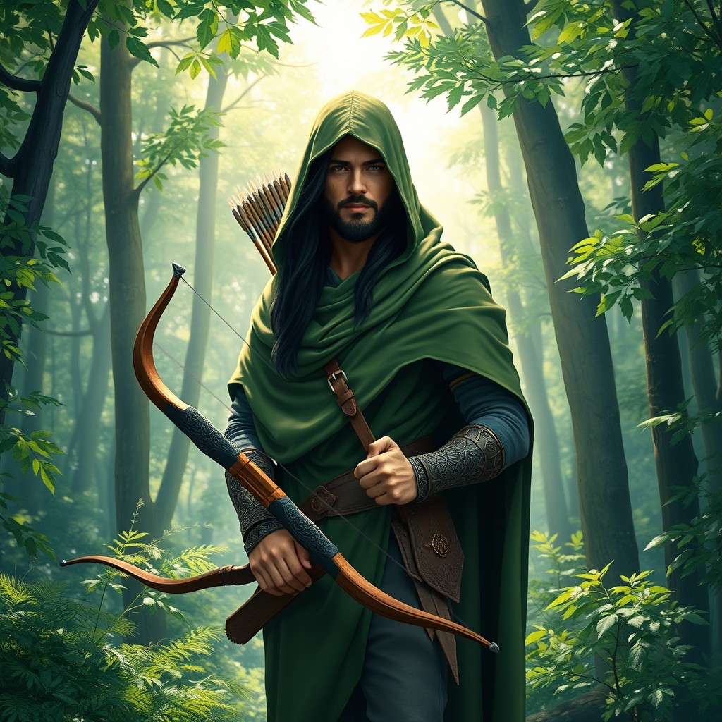 A realistic depiction of a 28-year-old human hunter standing in a dense forest