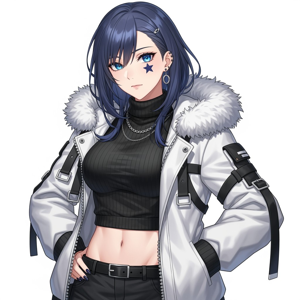 A female character with striking blue eyes and long dark blue, slightly tousled hair
