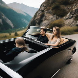 A teenage boy, around 16 years old, and a beautiful girl sitting together inside a luxurious black Rolls-Royce on a mountain road, as viewed from outside