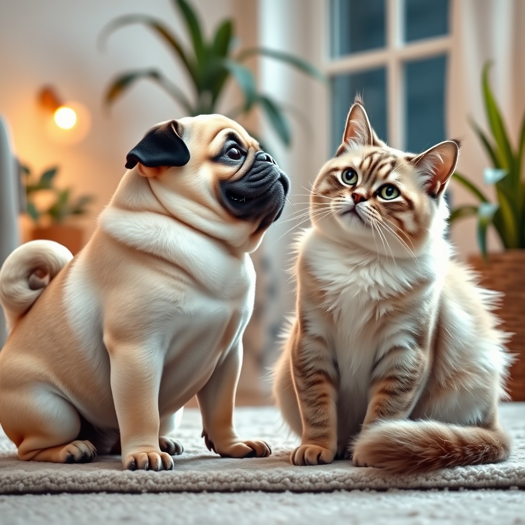A heartwarming scene depicting an adorable pug dog and a charming British Shorthair cat falling in love