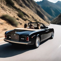 A teenage boy, around 16 years old, and a beautiful girl sitting together inside a luxurious black Rolls-Royce on a mountain road, as viewed from outside