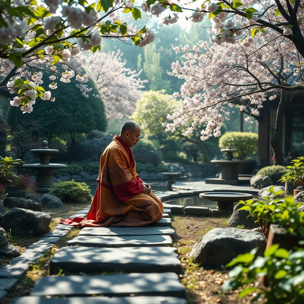 A serene and contemplative scene featuring a robed monk in a lush Zen garden