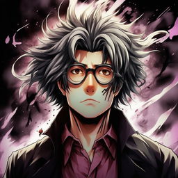 Manga depiction of Ajoi Tsiresy: a renowned former mangaka, reincarnated as an antagonist with distinctive features including glasses, unruly hair, and a mysterious aura.