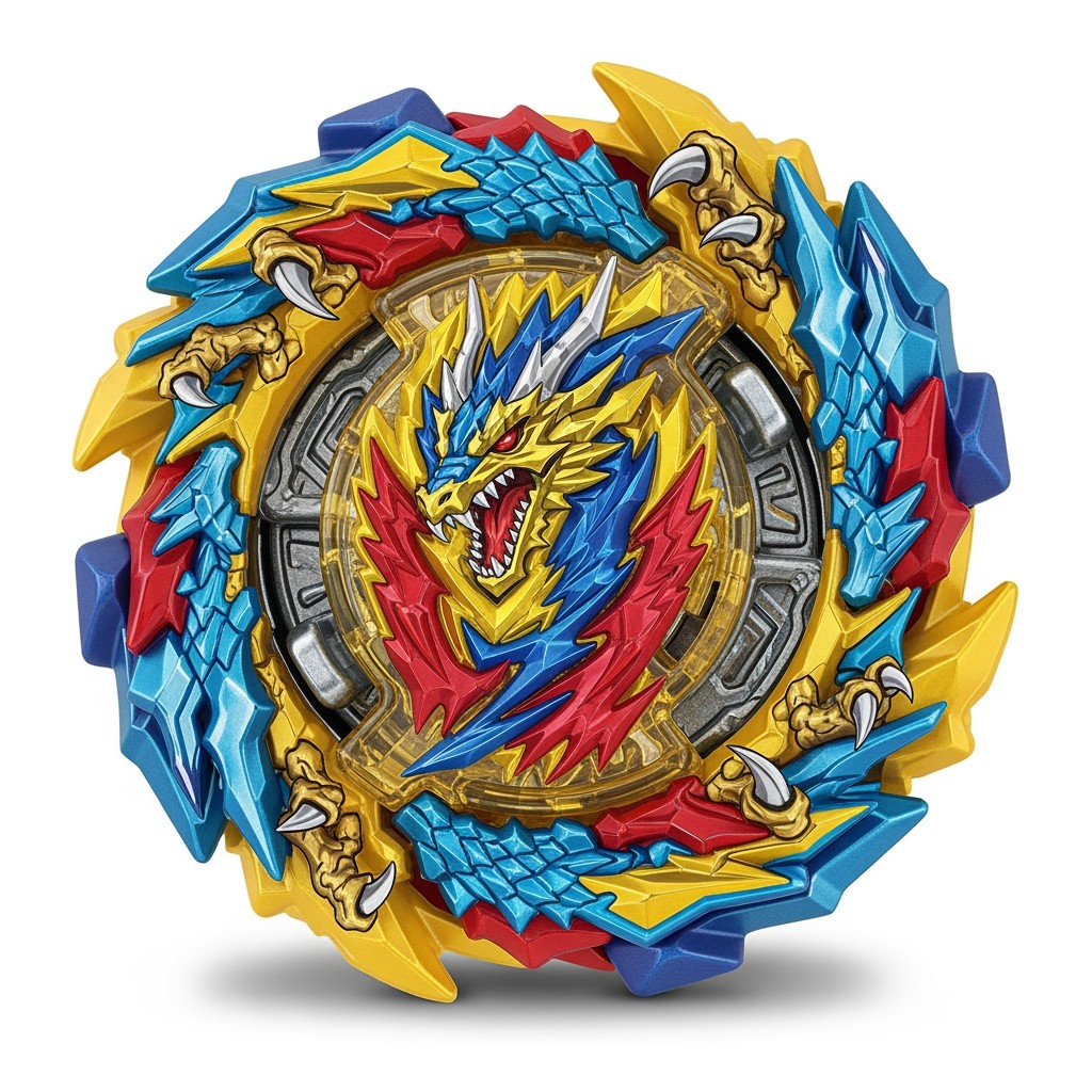 A Dragon Motif Beyblade featuring intricate dragon imagery such as a dragon's head, claws, and scales integrated into the top layer (attack layer)