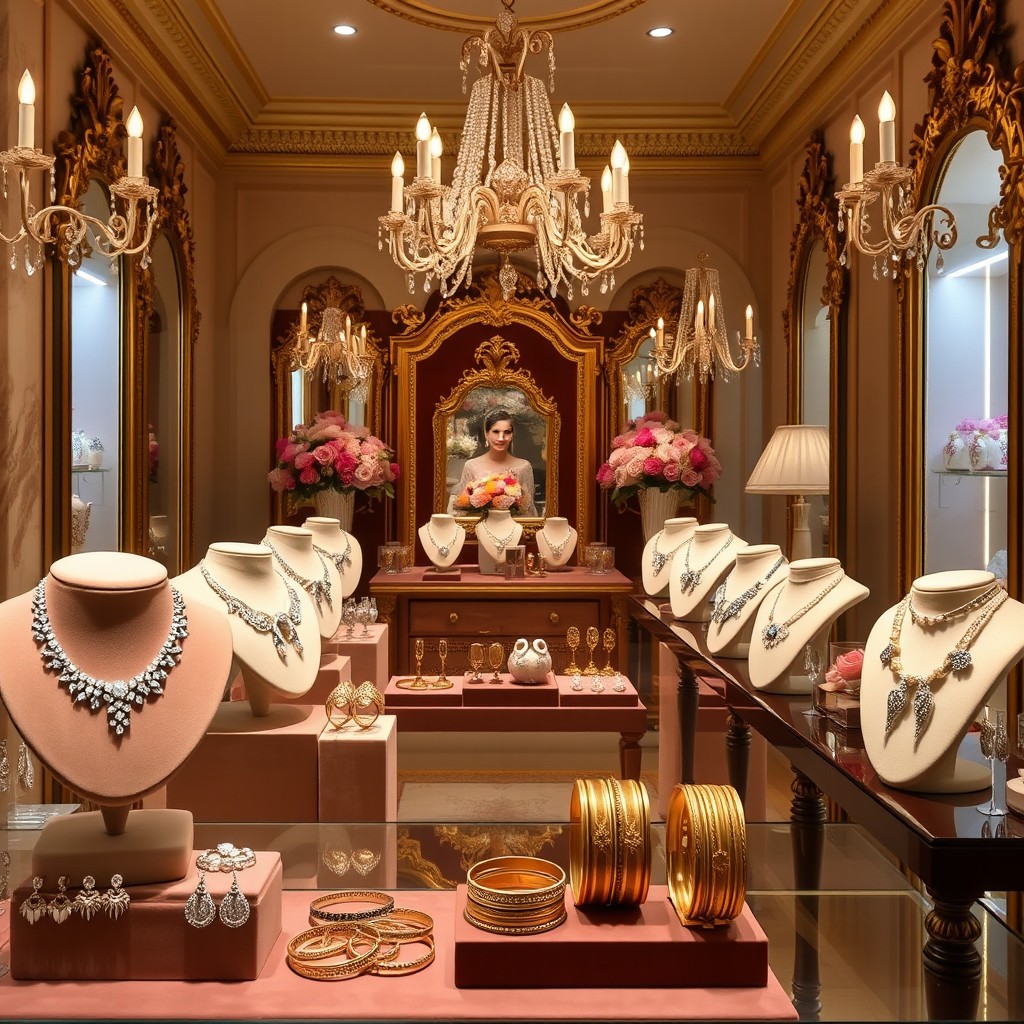 A luxurious bridal jewellery boutique showcasing exquisite pieces, including sparkling diamond necklaces, elegant gold bangles, and intricate earrings displayed beautifully on velvet stands