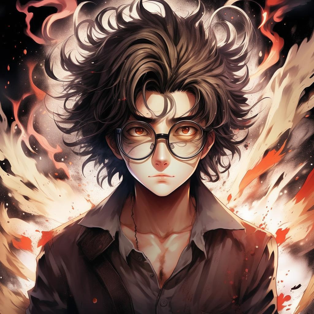 Manga depiction of Ajoi Tsiresy: a renowned former mangaka, reincarnated as an antagonist with distinctive features including glasses, unruly hair, and a mysterious aura.