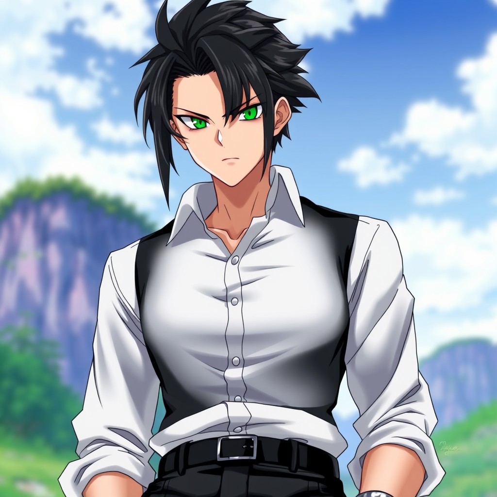 A tall character with a striking appearance featuring black, slicked back hair and piercing green eyes that resemble lifeless 'dead fish