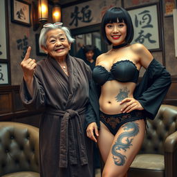 In a Yakuza mafia salon, a short, 90-year-old Chinese woman, appearing undernourished yet smiling happily, wears a luxurious suede bathrobe and mischievously shows her middle finger