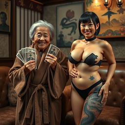 In a Yakuza mafia salon, a short, 90-year-old Chinese woman, looking undernourished yet smiling joyfully, wears a luxurious suede bathrobe while holding stacks of dollars in her hands