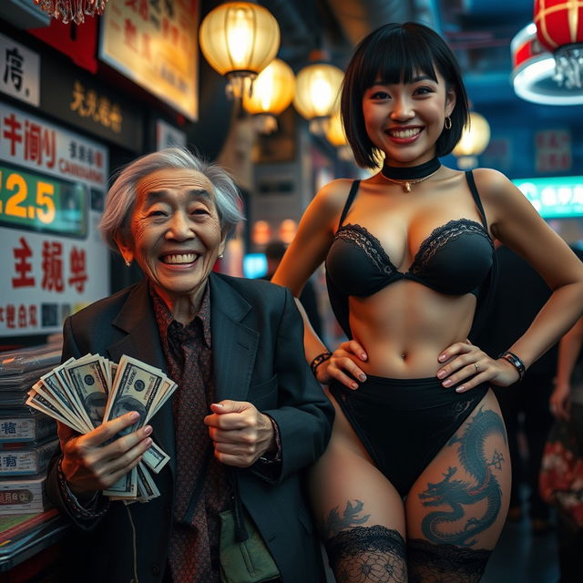 Inside a Chinese strip club, a joyful 90-year-old malnourished Chinese woman, who is very short with short hair, smiles happily while wearing a suit with a tie, holding onto bundles of dollar bills